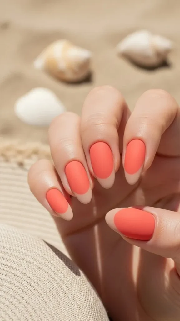 Matte Coral with Nude Tips Summer Nail
