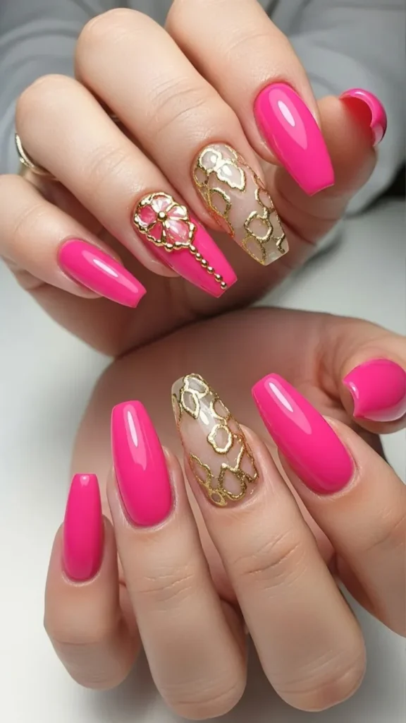 Pink and Gold Hot Pink Summer Nail