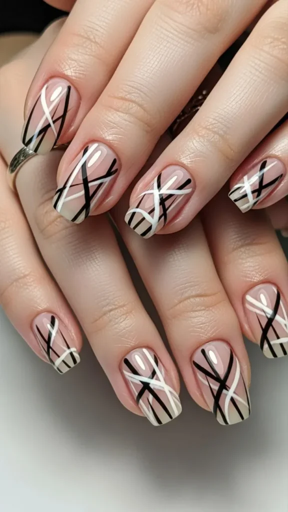Short Squoval Nails with Graphic Lines