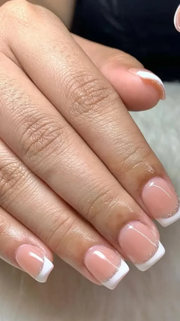 Squoval French Tips with Glitter Edge