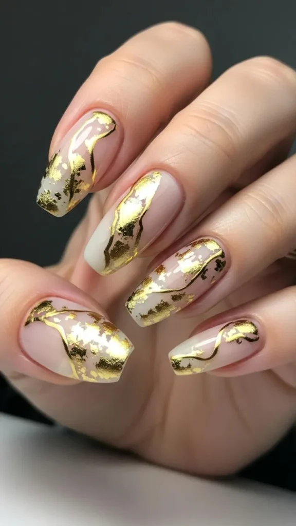 Squoval Nails with Gold Foil Accents