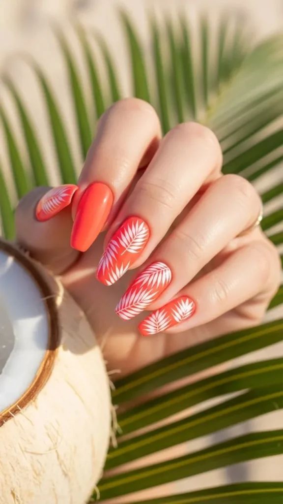 Tropical Coral Palm Leaves Summer Nail